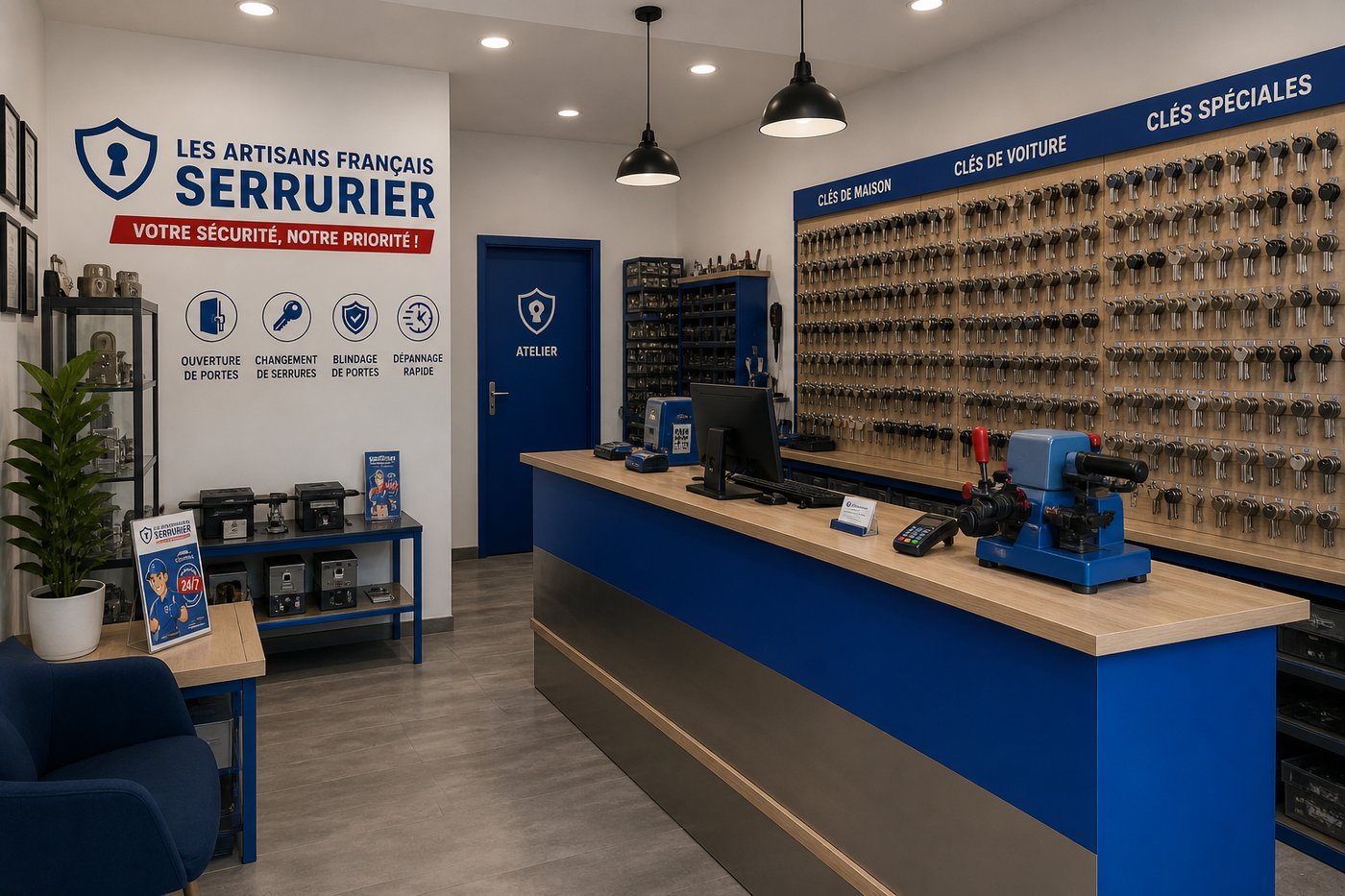 Atelier de serrurerie avec mur de clés (clés de maison, voiture, spéciales) et machine à reproduire