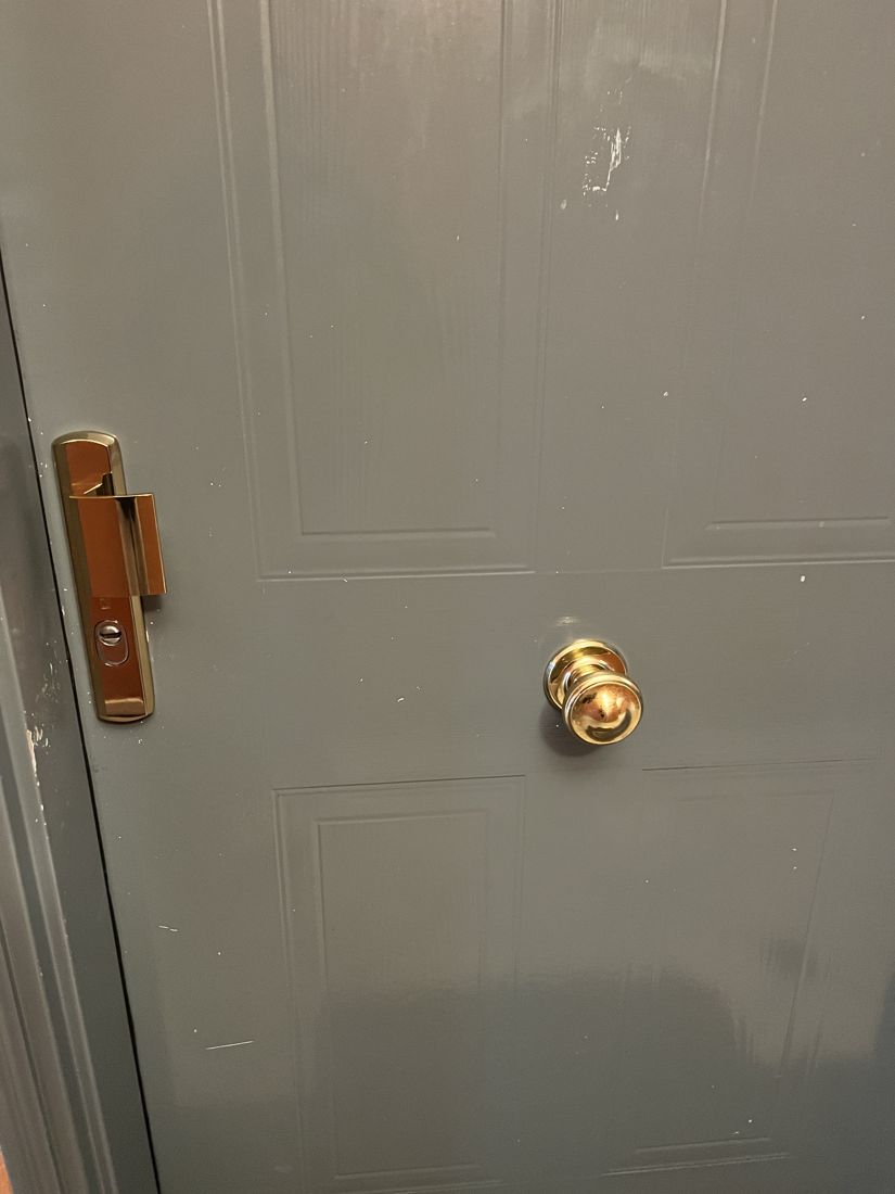 Plaque et poignée de protection anti-effraction sur une porte d'appartement à Enghien-les-Bains après tentative de cambriolage